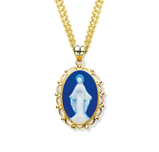 Dark Blue Gold Cameo Miraculous Medal Pendant Necklace, Made in USA