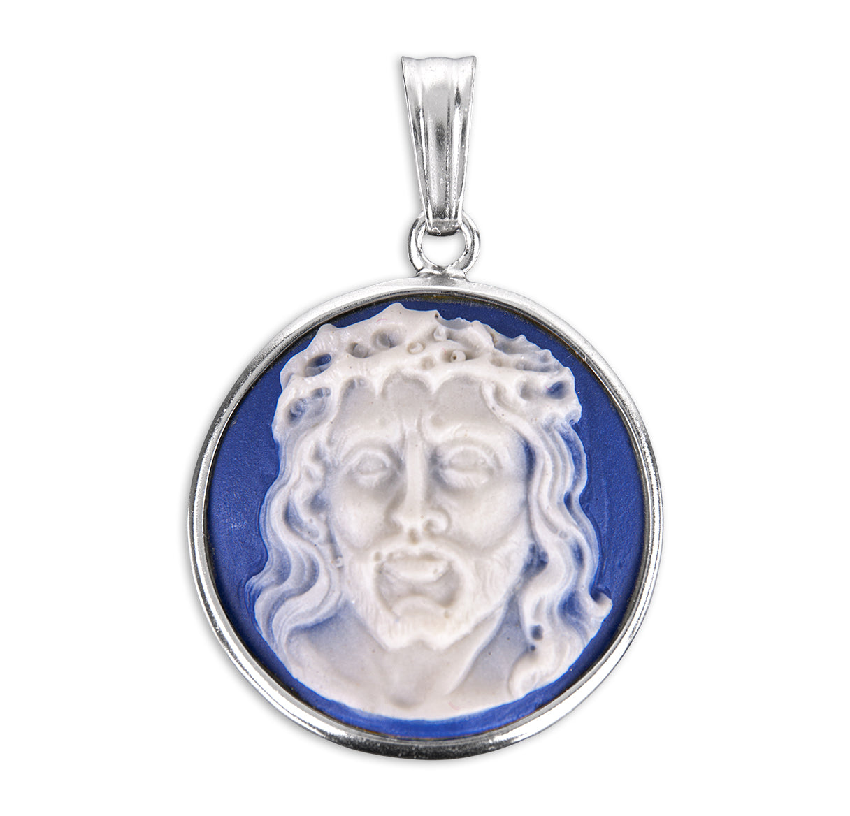 Light Blue Head of Christ Cameo Medal Pendant Necklace