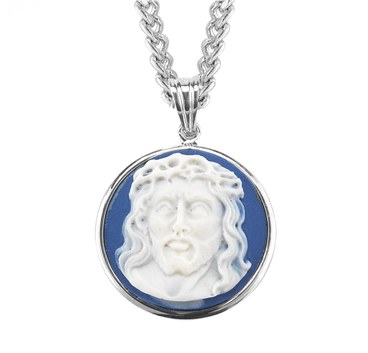 Light Blue Head of Christ Cameo Medal Pendant Necklace