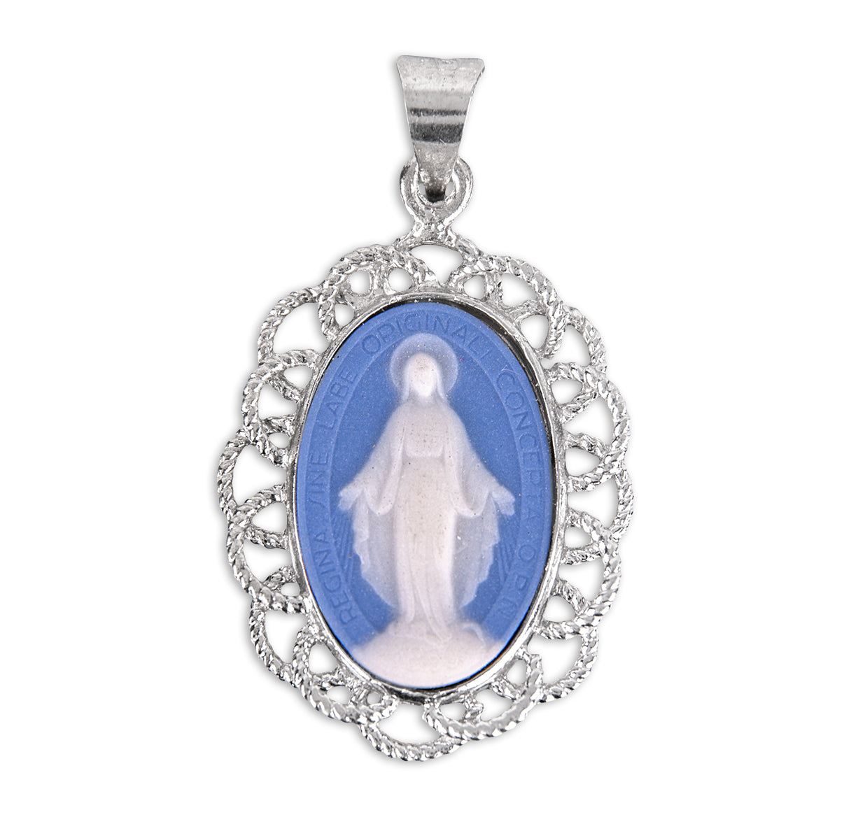 Light Blue Sterling Silver Cameo Miraculous Medal Pendant Necklace, Made in USA