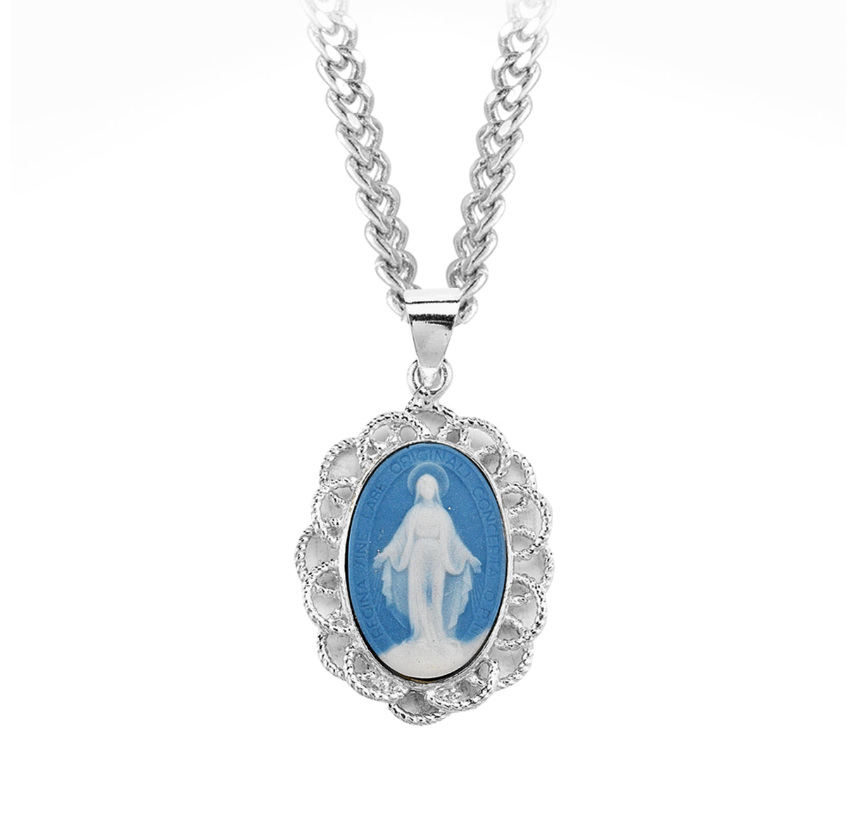 Light Blue Sterling Silver Cameo Miraculous Medal Pendant Necklace, Made in USA