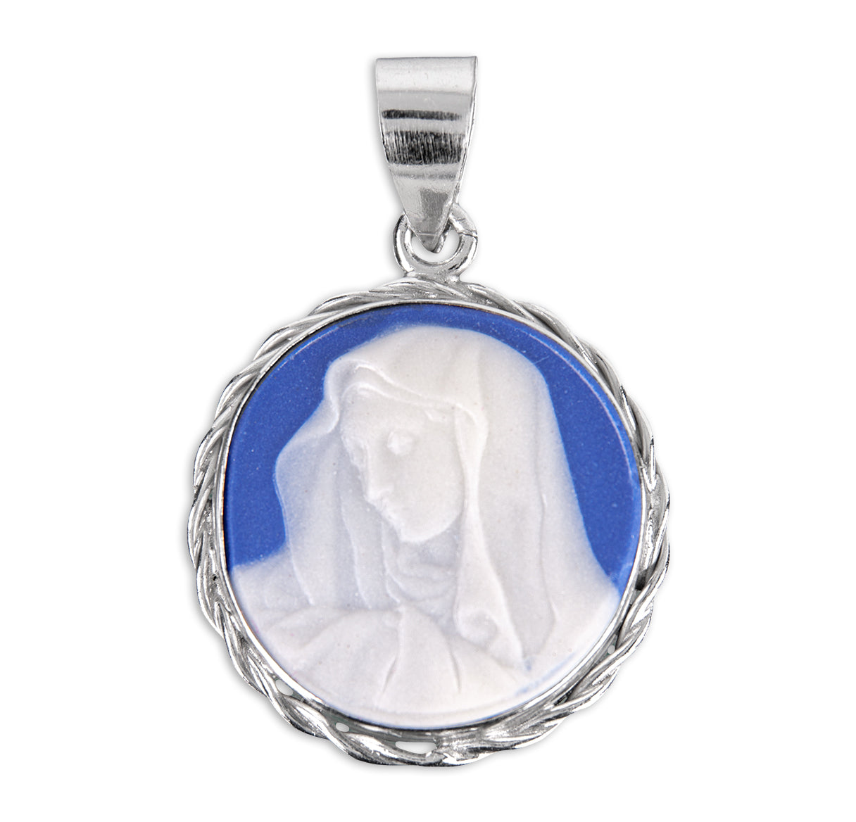 Dark Blue Sterling Silver Our Lady of Sorrows Cameo Medal Pendant Necklace