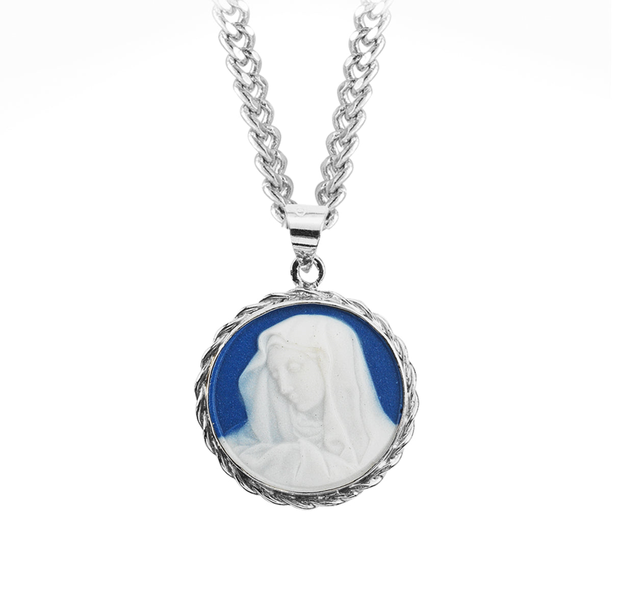 Dark Blue Sterling Silver Our Lady of Sorrows Cameo Medal Pendant Necklace