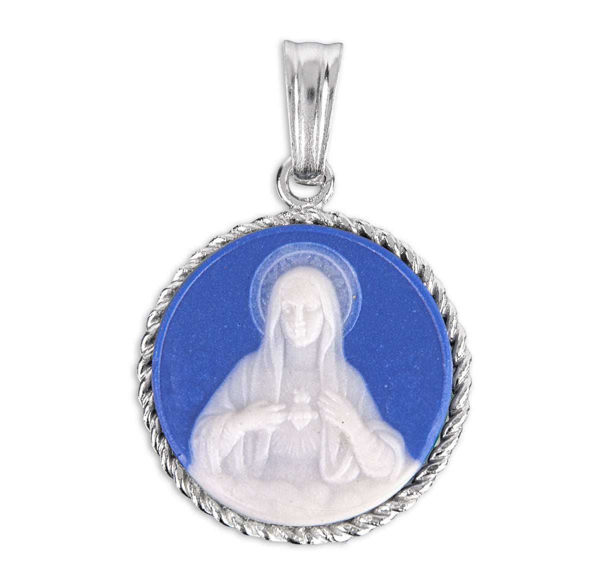 Blue Immaculate Heart of Mary Cameo Medal Pendant Necklace