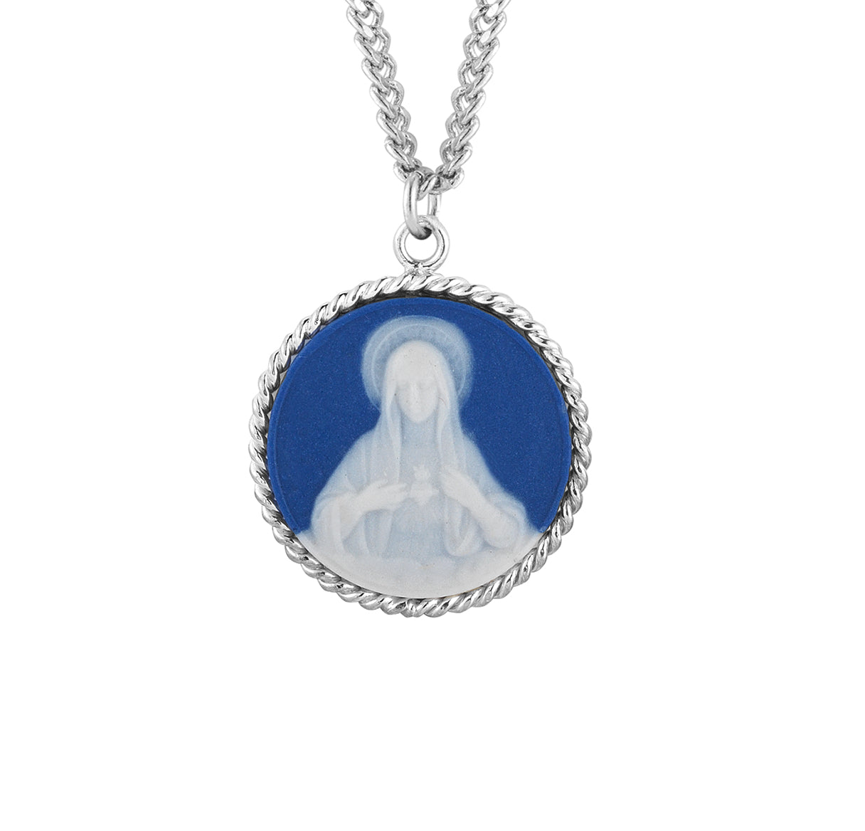 Blue Immaculate Heart of Mary Cameo Medal Pendant Necklace