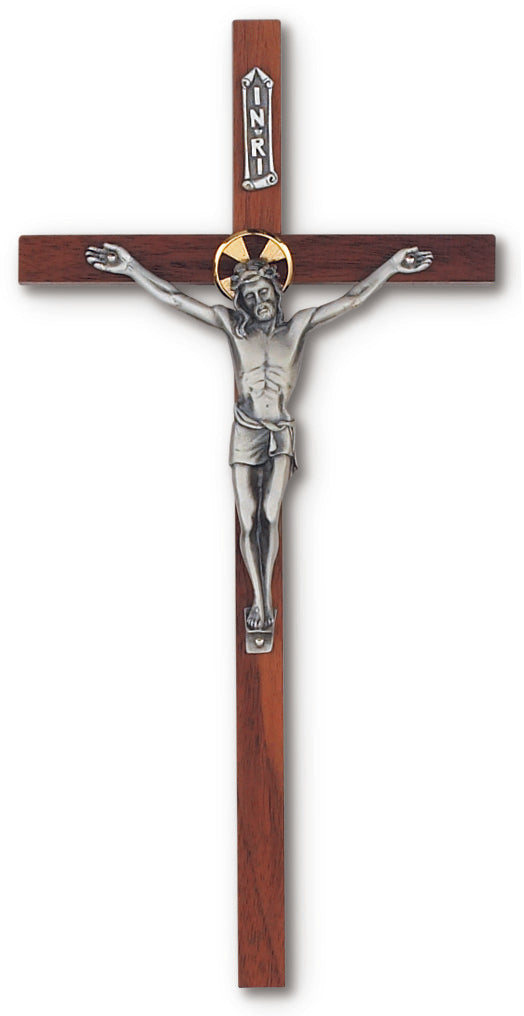 Large Walnut with Silver Halo Wall Crucifix