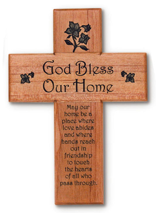 Medium Solid Mahogany God Bless Our Home Cross