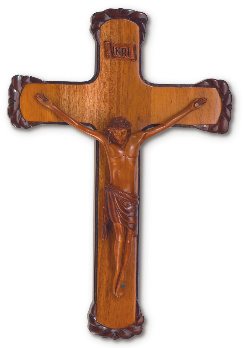 Large Solid Mahogany Hand Carved Boarders Wall Crucifix