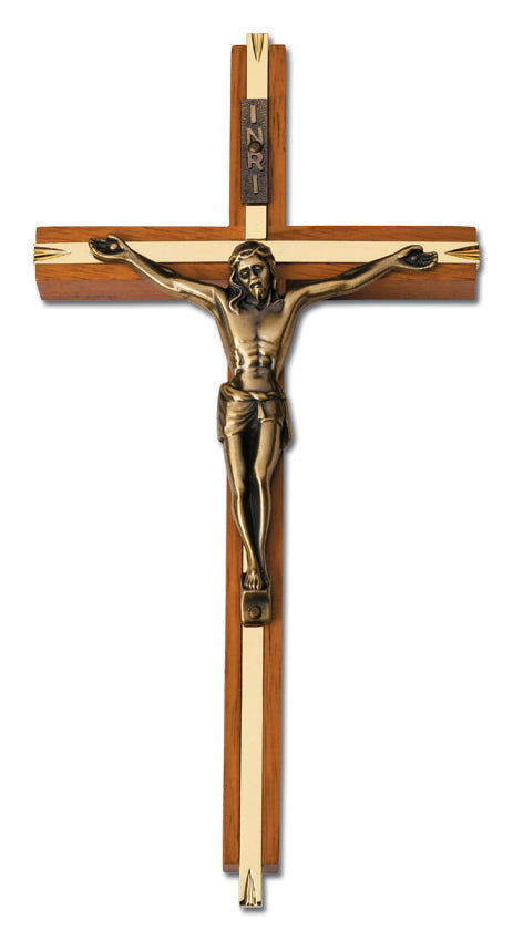 Medium Maple Stained with Gold Plated Solid Brass Inlay Wall Crucifix