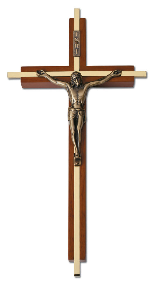 Large Maple Stained with Gold Plated Solid Brass Inlay Wall Crucifix