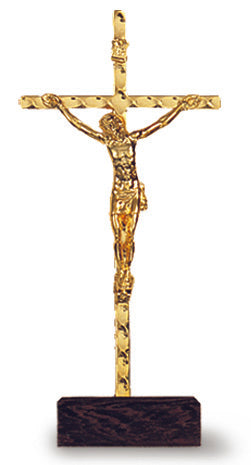 Small Gold Plated Standing Crucifix with Wood Base