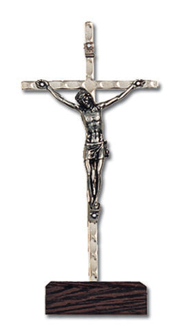 Small Silver Plated Standing Crucifix with Wood Base