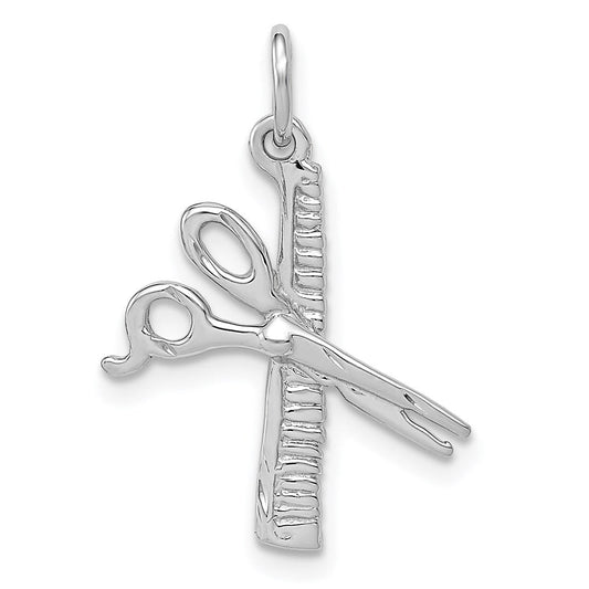 Extel Medium 14k White Gold Satin Diamond-cut Comb & Scissors Charm, Made in USA