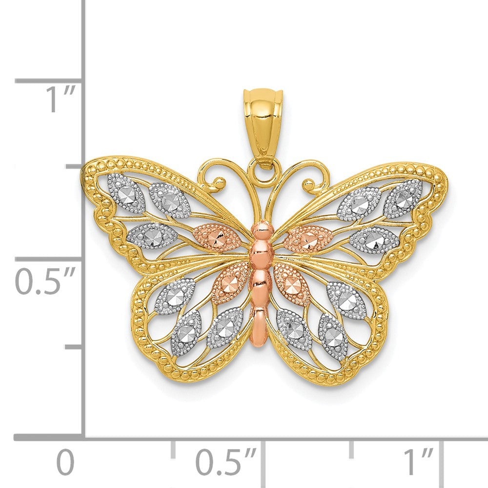 Extel Medium 14k Yellow Gold & Rhodium Plated Diamond Cut Butterfly Pendant, Made in USA