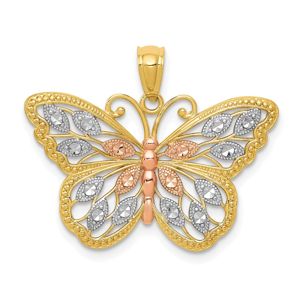 Extel Medium 14k Yellow Gold & Rhodium Plated Diamond Cut Butterfly Pendant, Made in USA