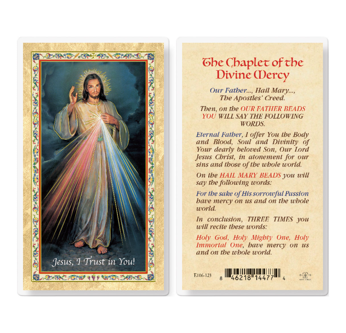 Chaplet of the Divine Mercy Gold-Stamped Laminated Catholic Prayer Holy Card with Prayer on Back, Pack of 25