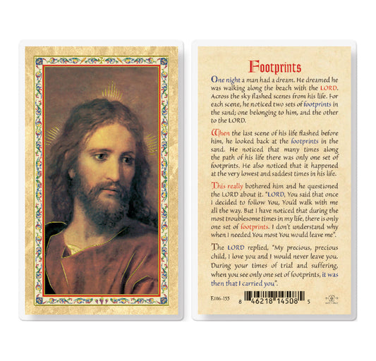 Footprints - Head of Christ Gold-Stamped Laminated Catholic Prayer Holy Card with Prayer on Back, Pack of 25