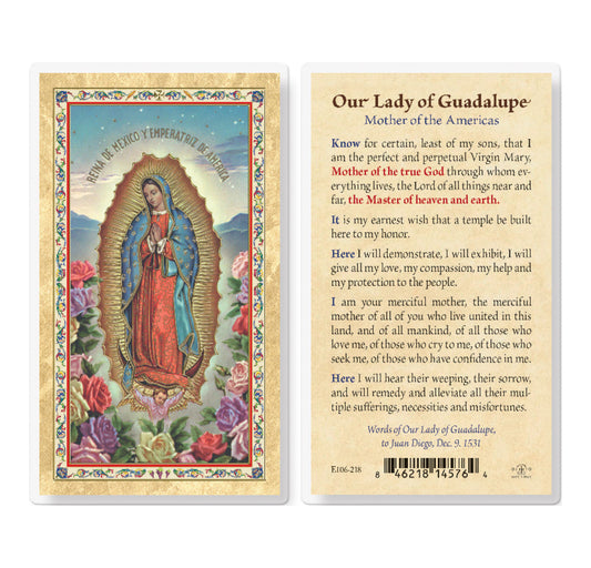 Our Lady of Guadalupe - Mother Gold-Stamped Laminated Catholic Prayer Holy Card with Prayer on Back, Pack of 25