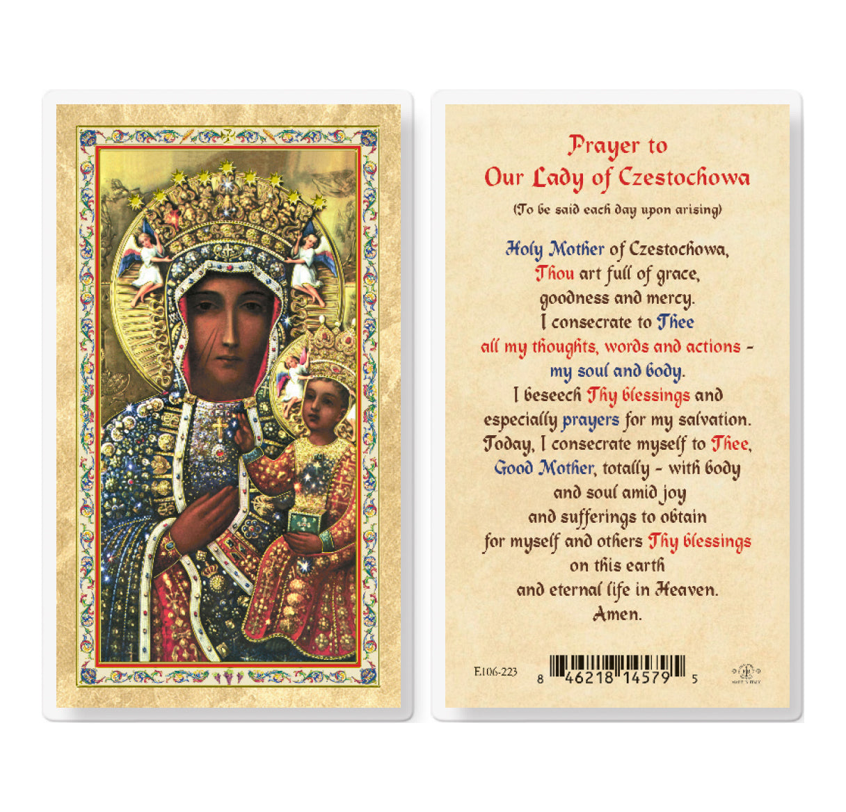 Prayer to Our Lady of Czestochowa Gold-Stamped Laminated Catholic Prayer Holy Card with Prayer on Back, Pack of 25
