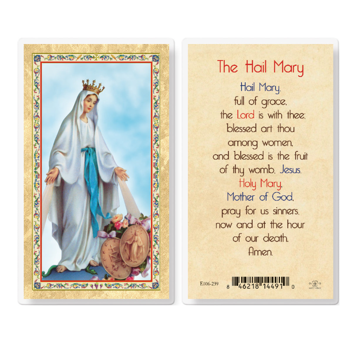 The Hail Mary - Our Lady of Grace Gold-Stamped Laminated Catholic Prayer Holy Card with Prayer on Back, Pack of 25