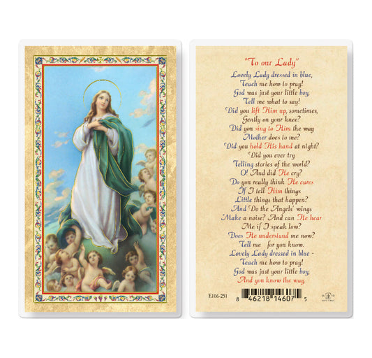 Lovely Lady Dressed in Blue Gold-Stamped Laminated Catholic Prayer Holy Card with Prayer on Back, Pack of 25