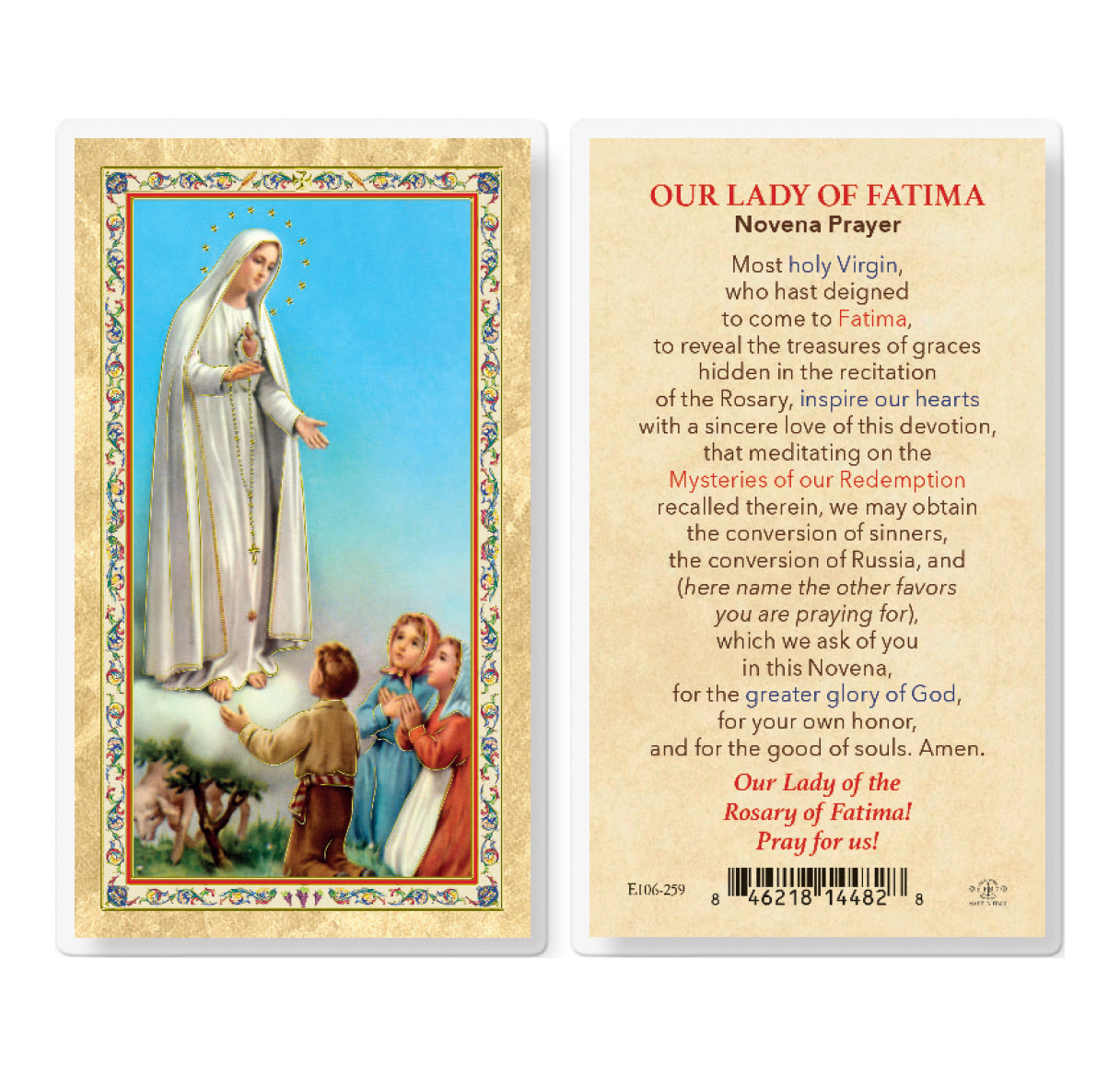 Our Lady of Fatima - Novena Prayer Gold-Stamped Laminated Catholic Prayer Holy Card with Prayer on Back, Pack of 25