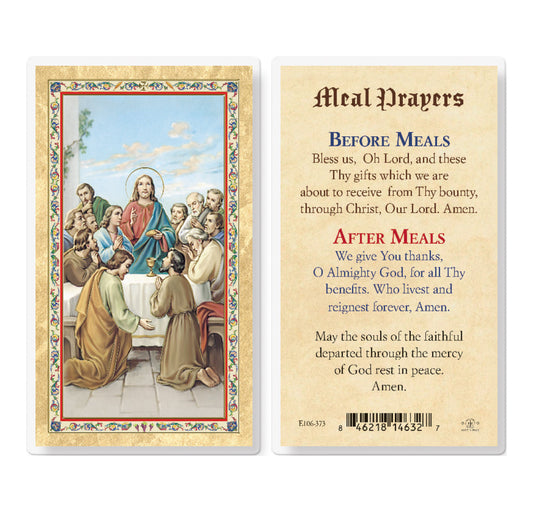 Meal Prayers - The Last Supper Gold-Stamped Laminated Catholic Prayer Holy Card with Prayer on Back, Pack of 25