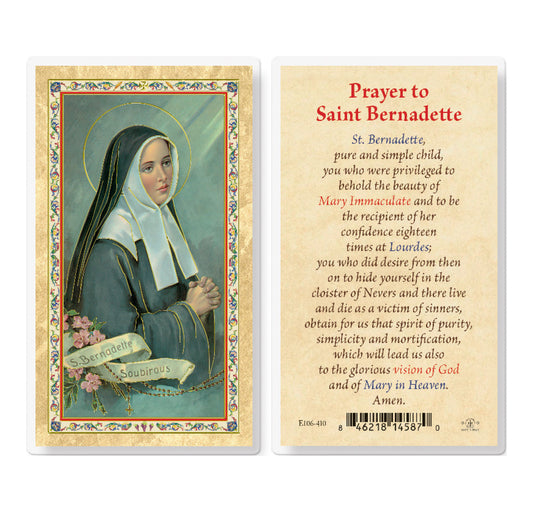 Prayer to St. Bernadette Gold-Stamped Laminated Catholic Prayer Holy Card with Prayer on Back, Pack of 25