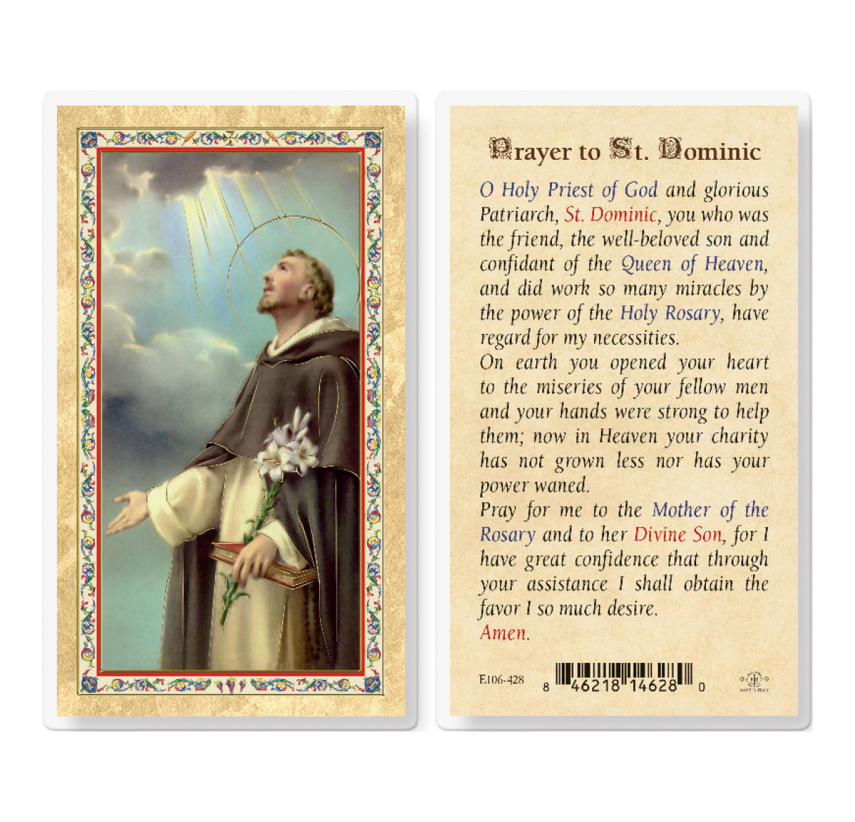 Prayer to St. Dominic Gold-Stamped Laminated Catholic Prayer Holy Card with Prayer on Back, Pack of 25