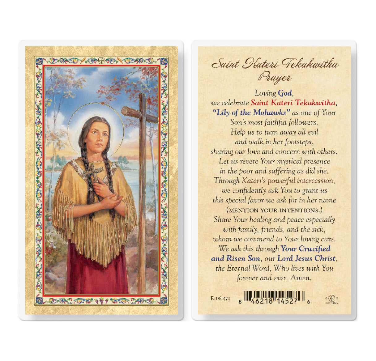 Kateri Tekakwitha - Saint Prayer (Revised) Gold-Stamped Laminated Catholic Prayer Holy Card with Prayer on Back, Pack of 25