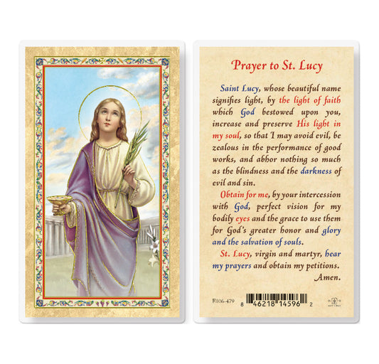 Prayer to St. Lucy Gold-Stamped Laminated Catholic Prayer Holy Card with Prayer on Back, Pack of 25