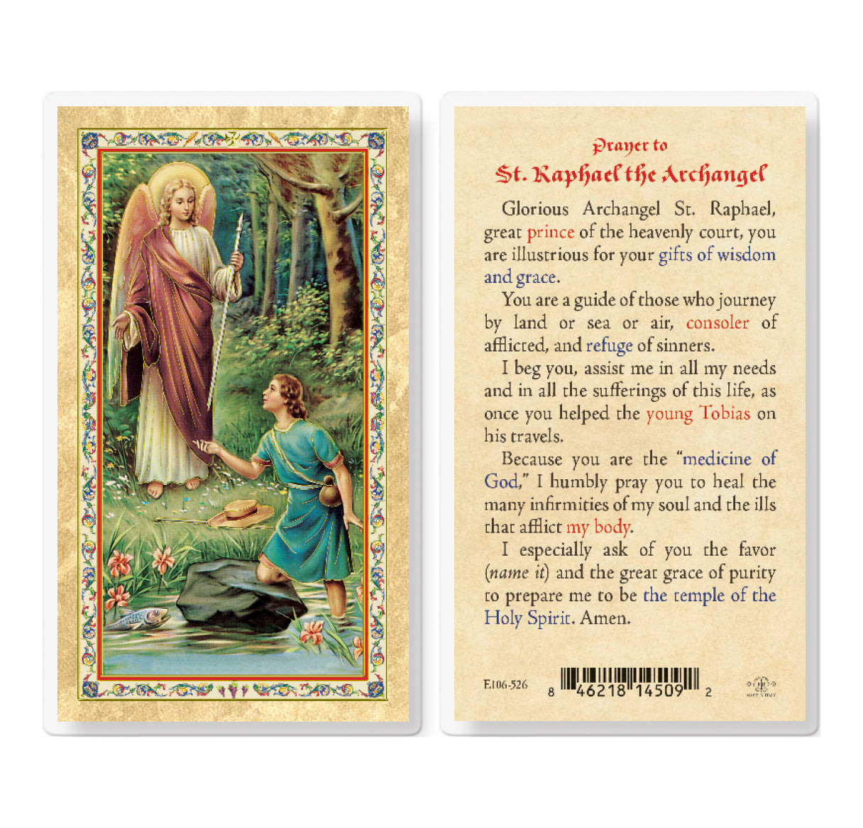 Prayer to St. Raphael Gold-Stamped Laminated Holy Card Pack of 25