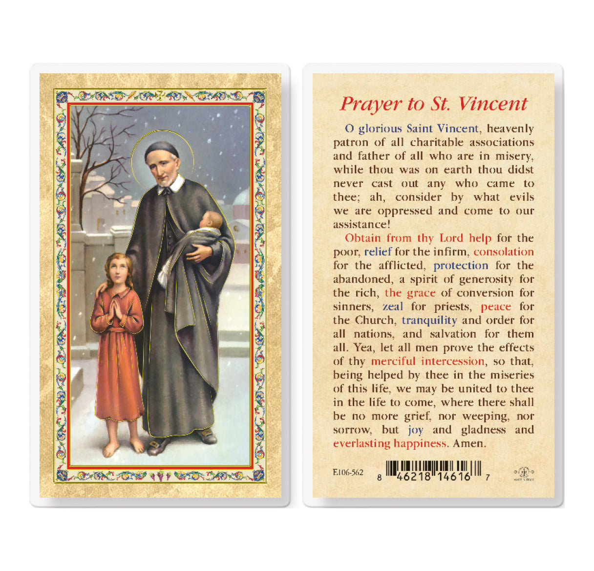 Prayer to St. Vincent de Paul Gold-Stamped Laminated Catholic Prayer Holy Card with Prayer on Back, Pack of 25