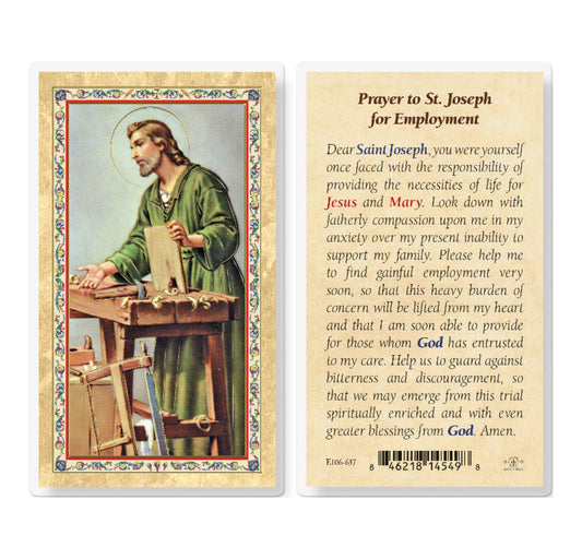 St. Joseph - Employment Prayer Gold-Stamped Laminated Catholic Prayer Holy Card with Prayer on Back, Pack of 25