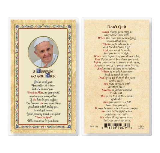 Message to the Sick - Don't Quit Gold-Stamped Laminated Catholic Prayer Holy Card with Prayer on Back, Pack of 25