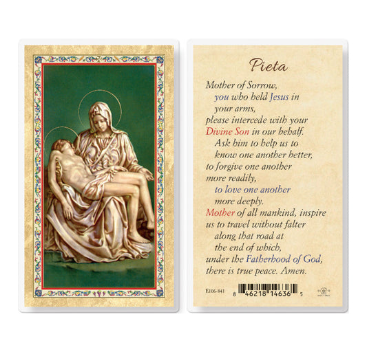 Pieta - Mother of Sorrow Gold-Stamped Laminated Catholic Prayer Holy Card with Prayer on Back, Pack of 25