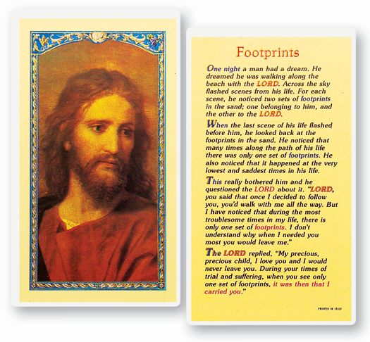 Footprints Laminated Catholic Prayer Holy Card with Prayer on Back, Pack of 25