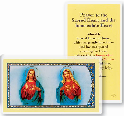 Sacred Heart of Jesus and the Immaculate Heart of Mary Laminated Catholic Prayer Holy Card with Prayer on Back, Pack of 25