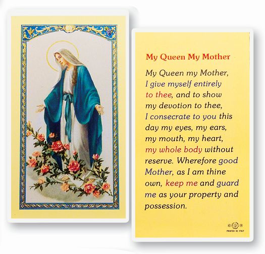 My Queen My Mother Laminated Catholic Prayer Holy Card with Prayer on Back, Pack of 25