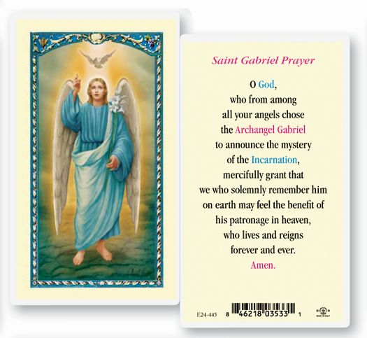 Saint Gabriel Laminated Catholic Prayer Holy Card with Prayer on Back, Pack of 25