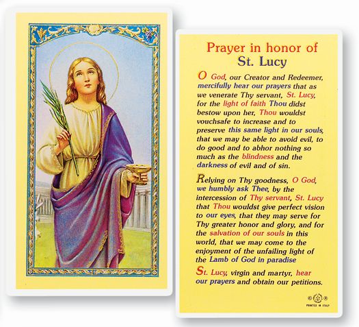 Saint Lucy Laminated Catholic Prayer Holy Card with Prayer on Back, Pack of 25