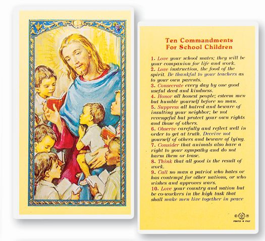 Ten Commandments for School Kids Laminated Catholic Prayer Holy Card with Prayer on Back, Pack of 25