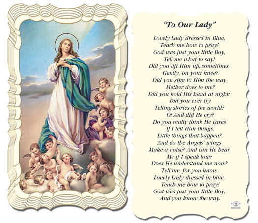 Lovely Lady Dressed in Blue Catholic Prayer Holy Card with Prayer on Back, Pack of 50