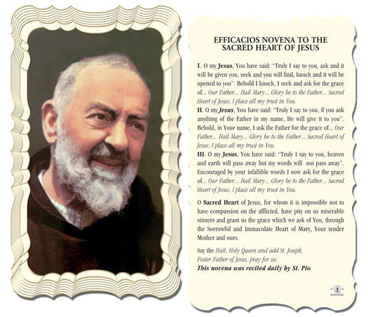 Padre Pio - Efficacios Novena to the Sacred Heart of Jesus Catholic Prayer Holy Card with Prayer on Back, Pack of 50