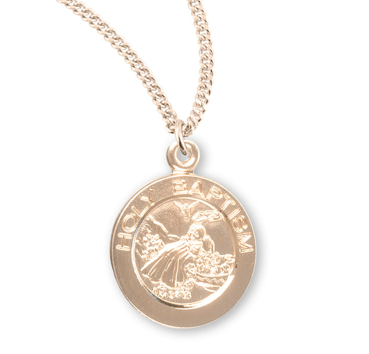 Gold Over Sterling Silver Round Shape Holy Baptism Medal Pendant Necklace