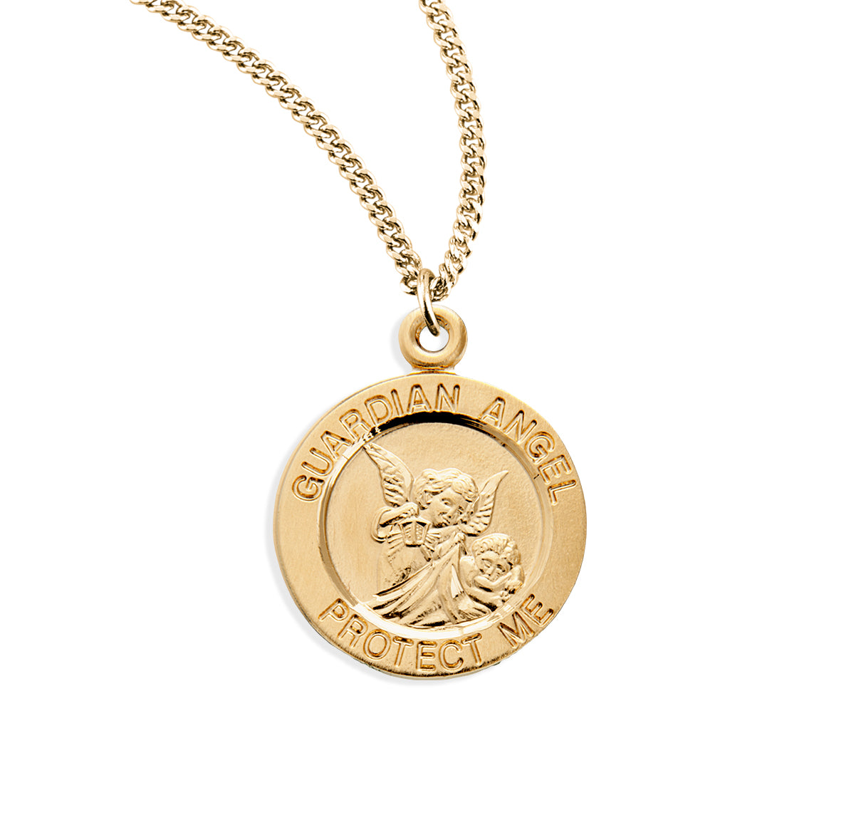 Guardian Angel Round Gold Over Sterling Silver Medal Pendant Necklace