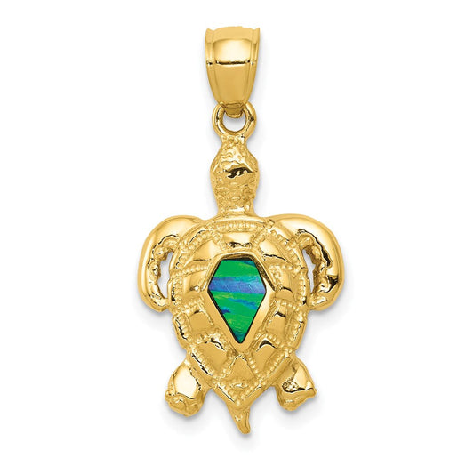 Extel Large 14k Gold Polished with Created Blue Opal Turtle Pendant, Made in USA