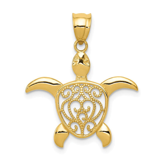 Extel Medium 14k Gold Polished Filigree Sea Turtle Pendant, Made in USA