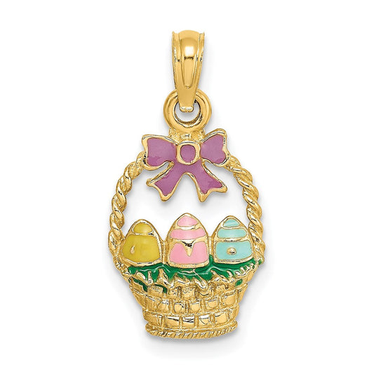 Extel Medium 14k Gold Enameled Easter Basket with Bow & Eggs Charm, Made in USA