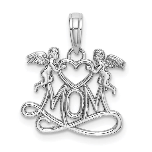 Extel Medium 14K White Gold MOM with 2 Angels Holding Heart Charm